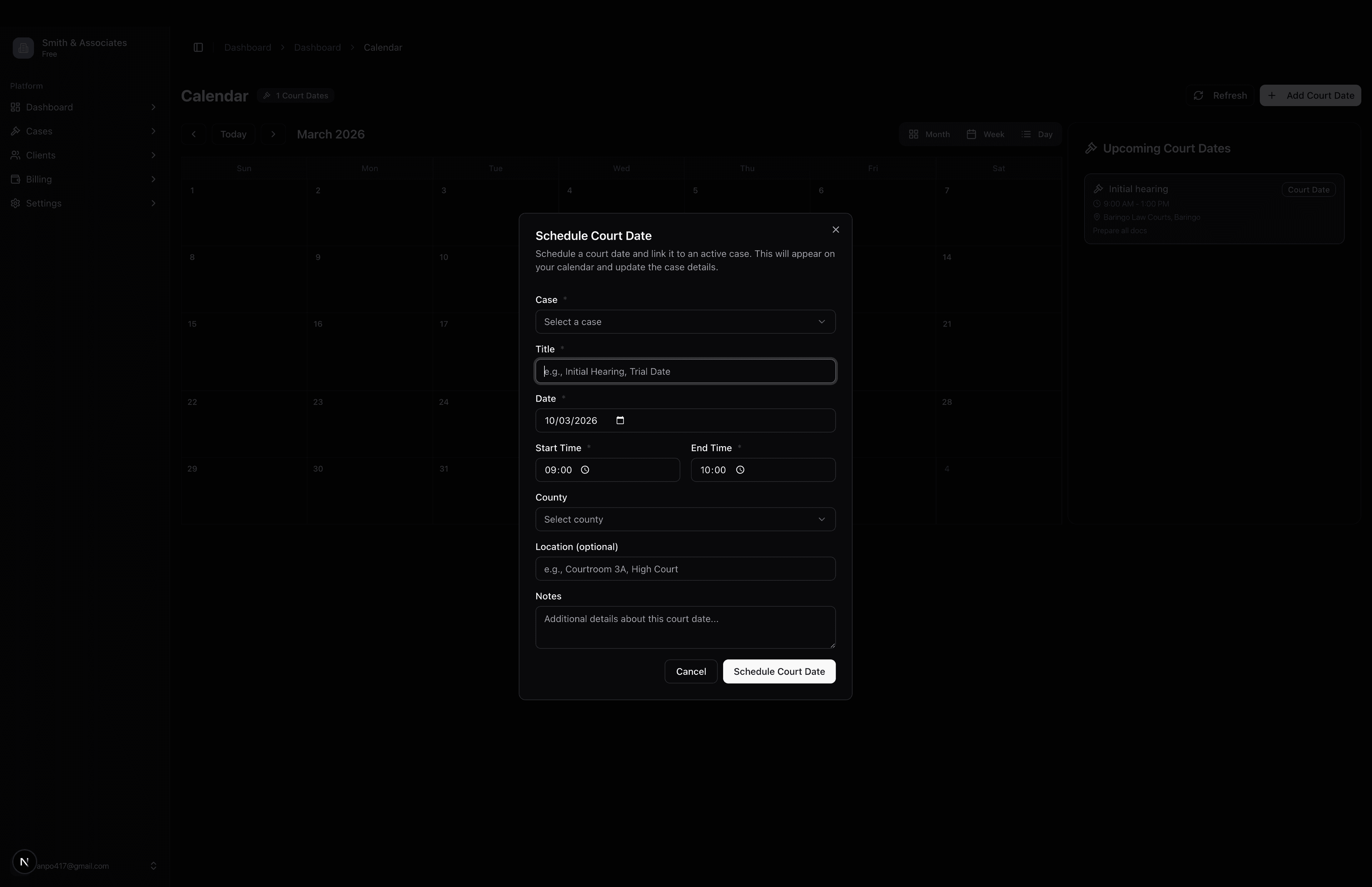 Screenshot of the court date scheduling interface in Kesi.