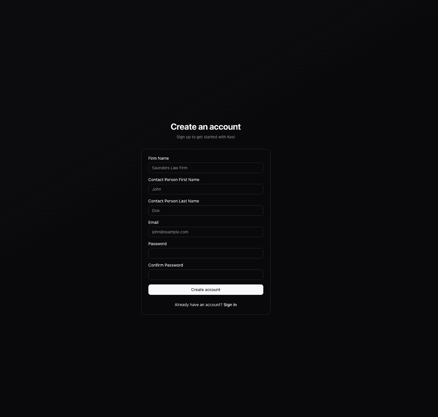 Screenshot of the Kesi sign up page.