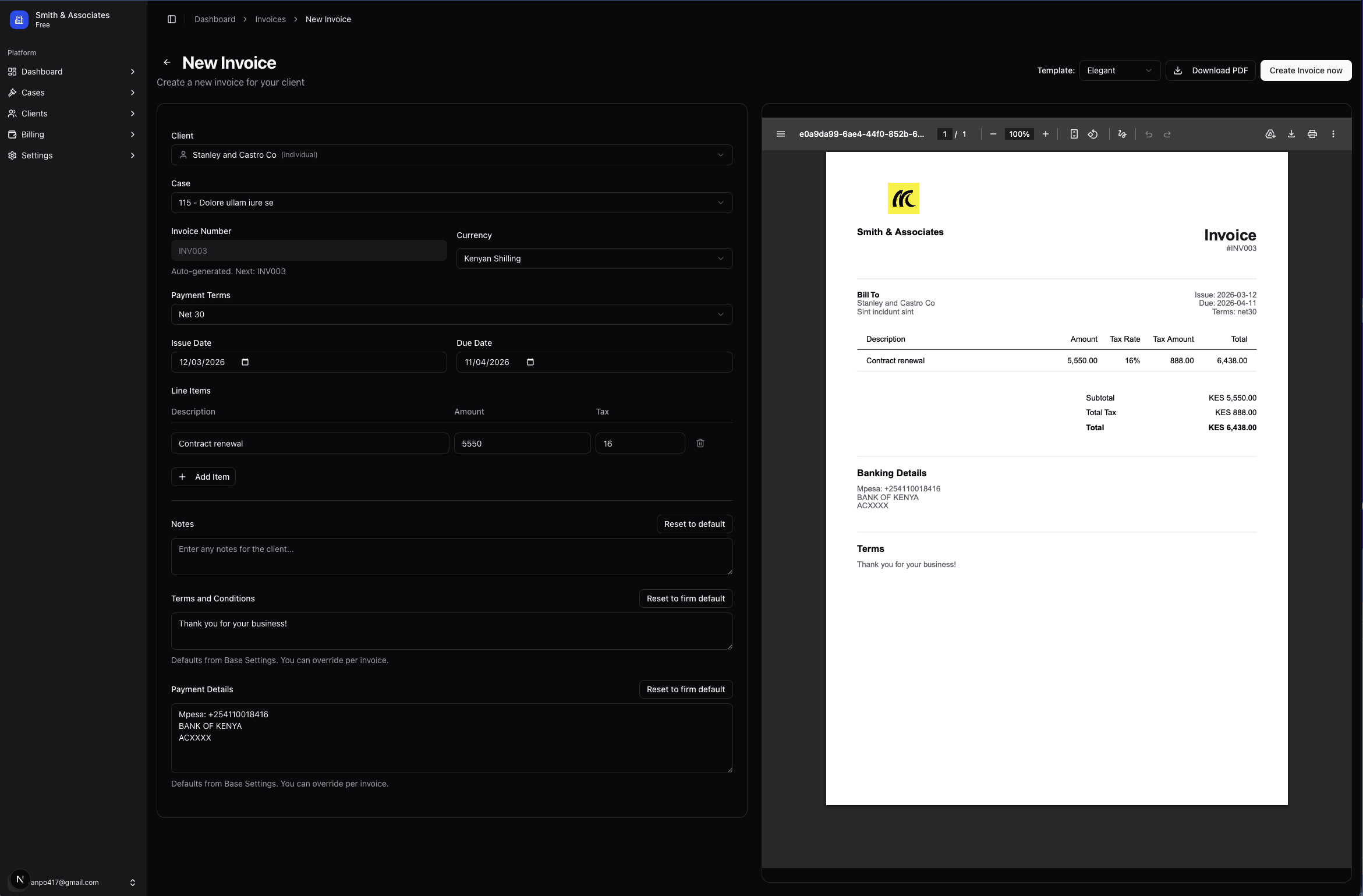 Screenshot showing invoice creation in Kesi.