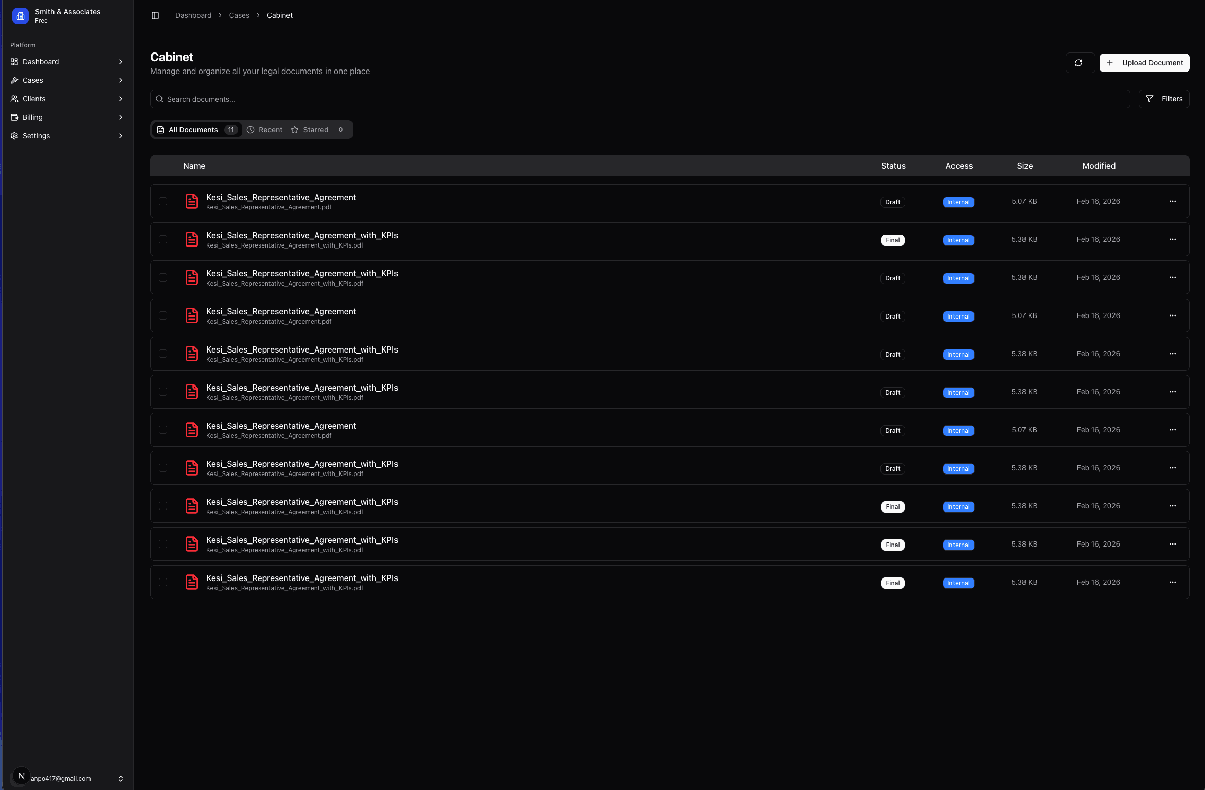 Screenshot of the document upload panel in Kesi.